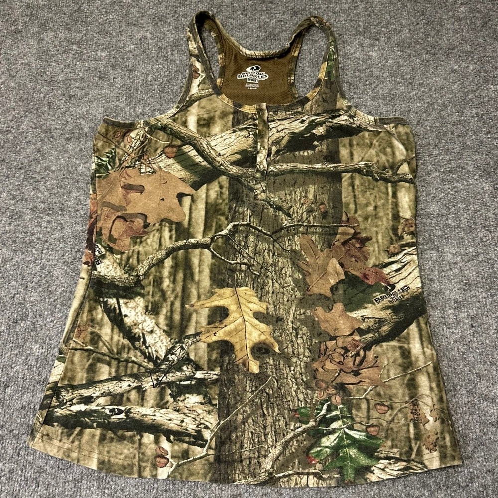 Mossy Oak Tank Top Womens Size L Brown Camo Break-Up Infinity Henley Racerback